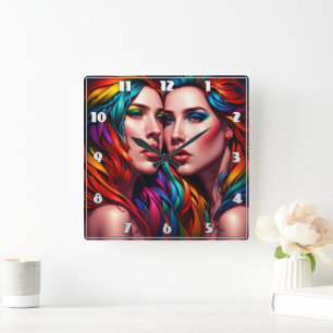 Colourful Twin Portrait With Bold Hair Square Wall Clock