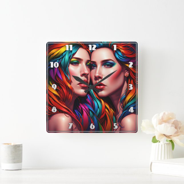 Colourful Twin Portrait With Bold Hair Square Wall Clock (Home)