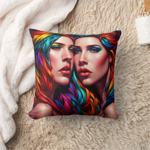 Colourful Twin Portrait With Bold Hair Throw Pillow