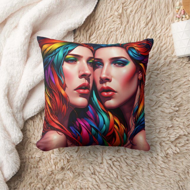 Colourful Twin Portrait With Bold Hair Throw Pillow (Blanket)