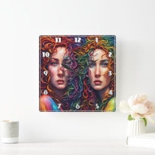 Colourful Twin Portrait With Curly Hair Square Wall Clock
