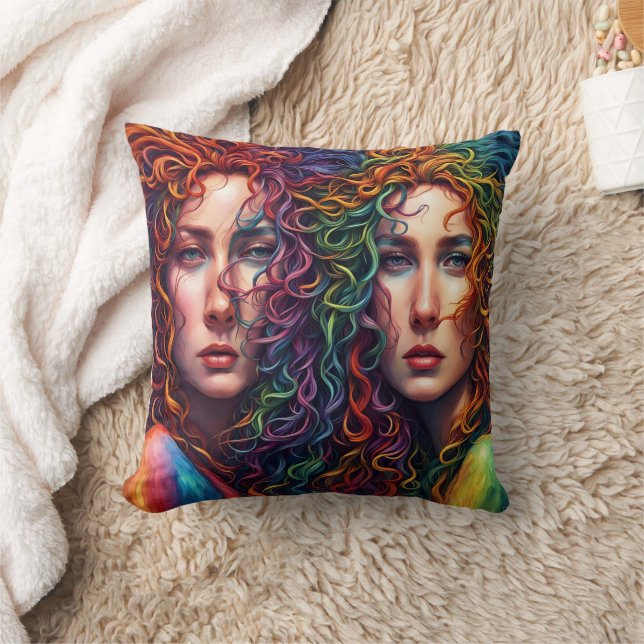 Colourful Twin Portrait With Curly Hair Throw Pillow (Blanket)