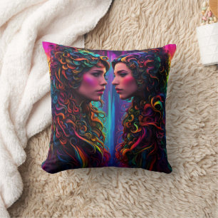 Colourful Twin Portraits With Curly Hair Design Throw Pillow