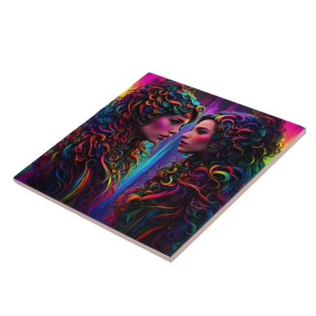 Colourful Twin Portraits With Curly Hair Design Tile (Side)