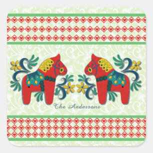 Colourful Twin Swedish Dala Horses Christmas Square Sticker