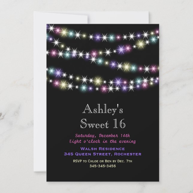 Colourful Twinkle Lights Sweet 16 Party Invitation (Front)