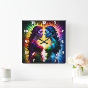 Colourful Twins Embracing Light at Night Square Wall Clock