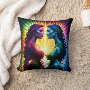 Colourful Twins Embracing Light at Night Throw Pillow