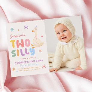 Colourful Two Silly Goose Girl 2nd Birthday Photo Invitation