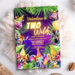 Colourful Two Wild Safari Animals 2nd Birthday Invitation
