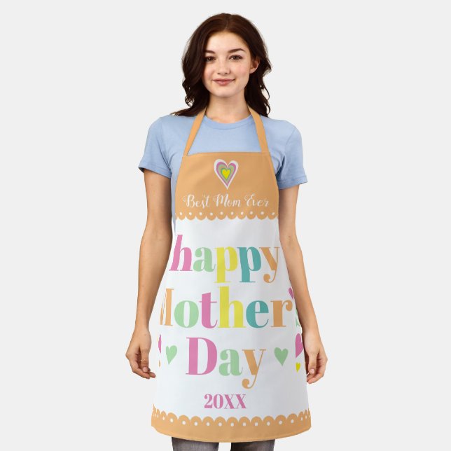 Colourful typography and hearts, peach Mothers Day Apron (Worn)