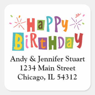 Colourful Typography Happy Birthday Return Address Square Sticker