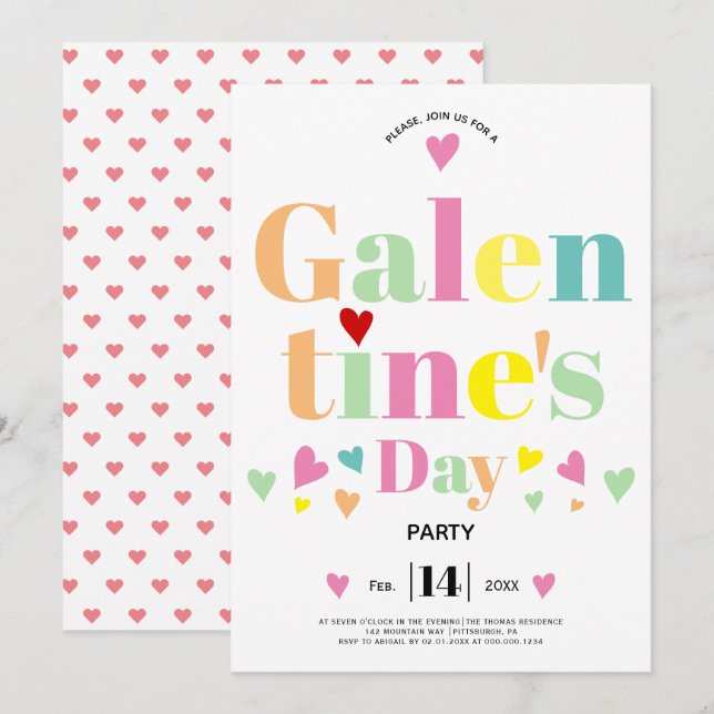 Colourful typography hearts Galentines Day party Invitation (Front/Back)