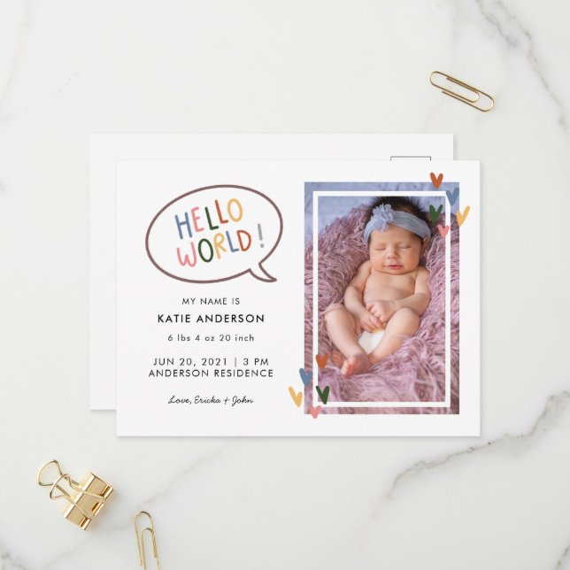 Colourful Typography Hello World Birth Announcemen Invitation Postcard (Front/Back In Situ)