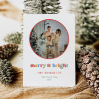 Colourful Typography Merry & Bright Round Photo
