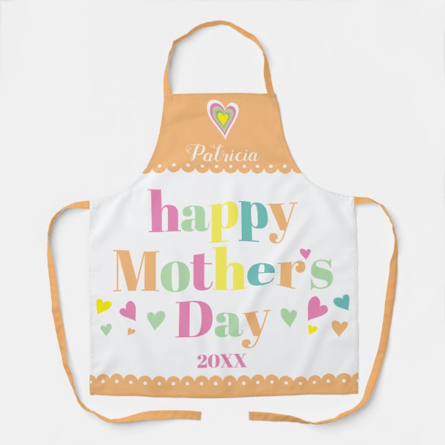 Colourful typography, peach border Mothers Day Apron (Front)