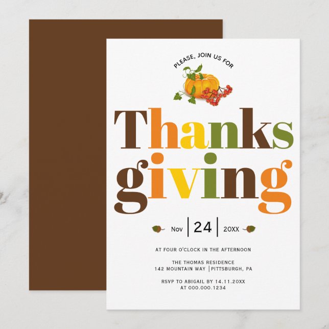 Colourful typography pumkin Thanksgiving Invitatio Invitation (Front/Back)