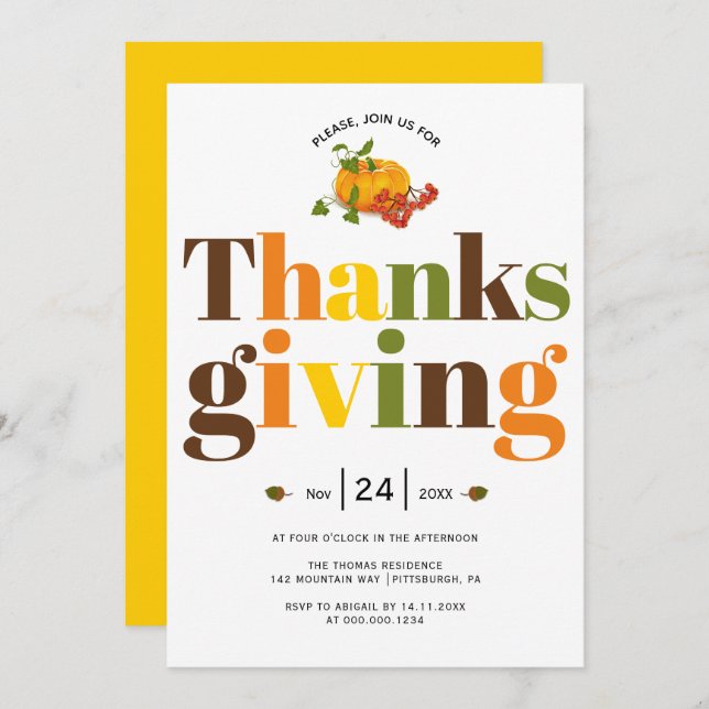 Colourful typography pumkin Thanksgiving Invitation (Front/Back)