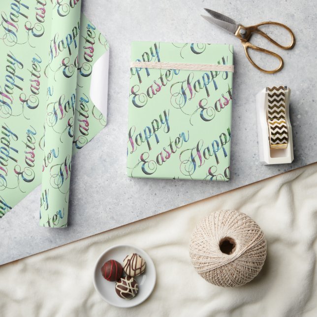 Colourful Typography Soft Green Happy Easter Wrapping Paper (Crafts)