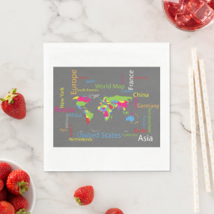 Colourful Typography World Map Modern Word Travel  Napkin