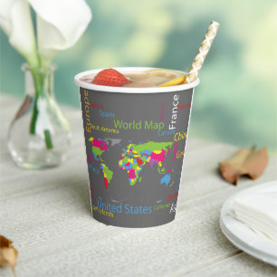 Colourful Typography World Map Modern Word Travel  Paper Cups