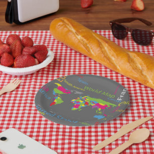 Colourful Typography World Map Modern Word Travel  Paper Plate