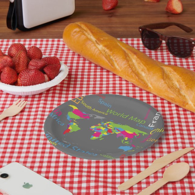 Colourful Typography World Map Modern Word Travel  Paper Plate (Picnic)