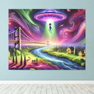 Colourful UFO Abduction Scene Alien and Cosmic Sky Canvas Print