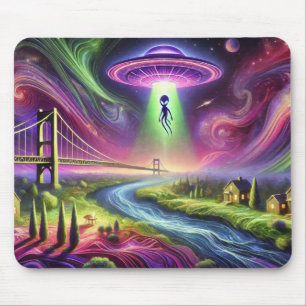 Colourful UFO Abduction Scene Alien and Cosmic Sky Mouse Pad
