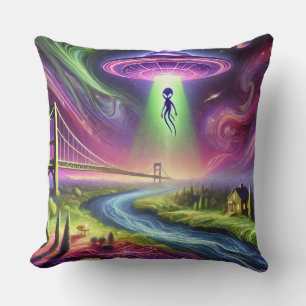 Colourful UFO Abduction Scene Alien and Cosmic Sky Throw Pillow