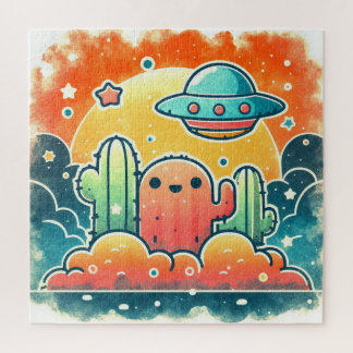 Colourful UFO Cactus Desert Scene Jigsaw Puzz Puzzle