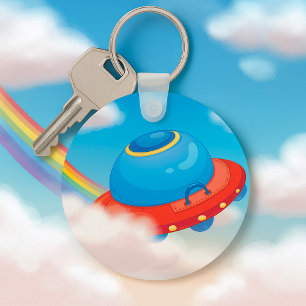Colourful UFO Spaceship Flying Through Clouds Keychain