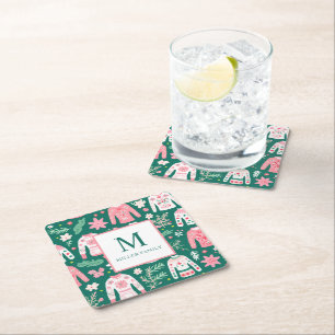 Colourful Ugly Sweater Holiday Monogram Square Paper Coaster