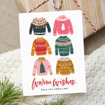 Colourful Ugly Sweater Non-Photo Holiday Postcard<br><div class="desc">Send your loved ones holiday cheer with our colourful holiday postcard! The non-photo holiday postcard features 6 cute and colourful ugly sweaters in a colour palette of pink, red, green, and gold. The phrase "Warm Wishes" is displayed below in a red, hand-lettered script. Personalize the front of the postcard by...</div>