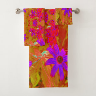 Colourful Ultra-Violet, Magenta and Red Wildflower Bath Towel Set