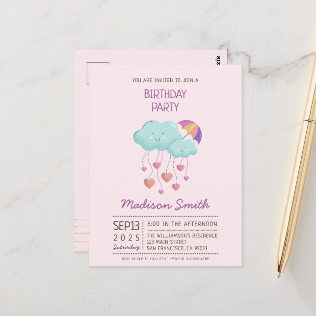 Colourful Umbrella Birthday Card with Cute Clouds (Front/Back In Situ)