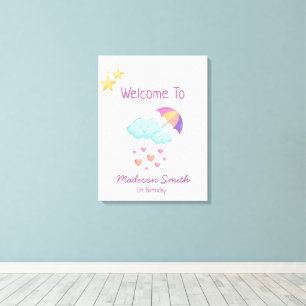 Colourful Umbrella Birthday Card with Cute Clouds Canvas Print