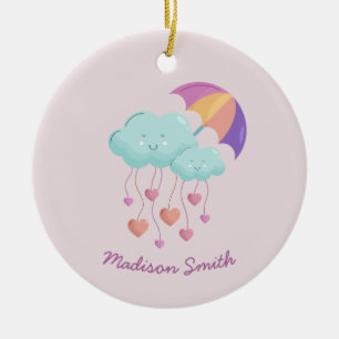 Colourful Umbrella Birthday Card with Cute Clouds Ceramic Ornament
