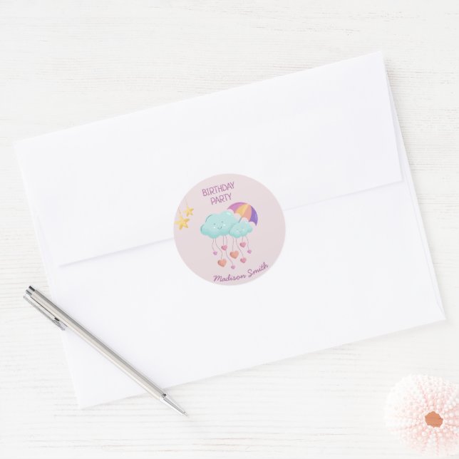 Colourful Umbrella Birthday Card with Cute Clouds  Classic Round Sticker (Envelope)