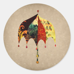 Colourful Umbrella Collage on Vintage Suede Look  Classic Round Sticker