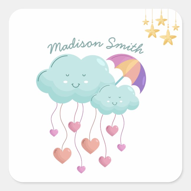 Colourful Umbrella with Cute Clouds Square Sticker (Front)