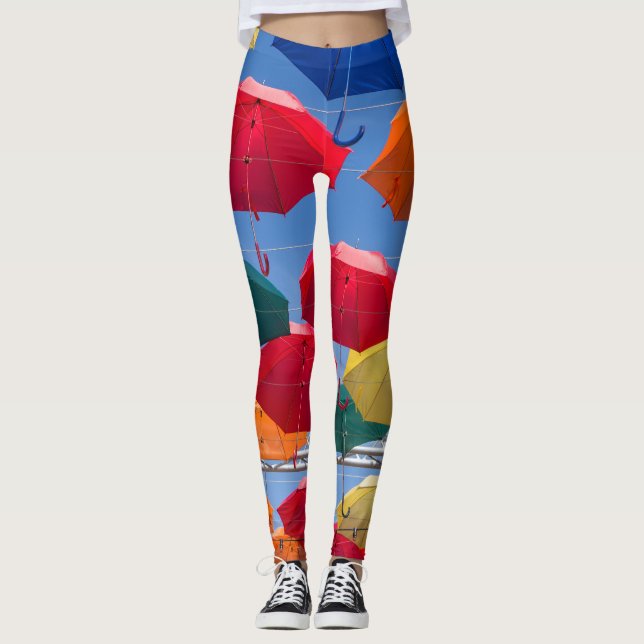 Colourful umbrellas in the sky blue orange red  leggings (Front)
