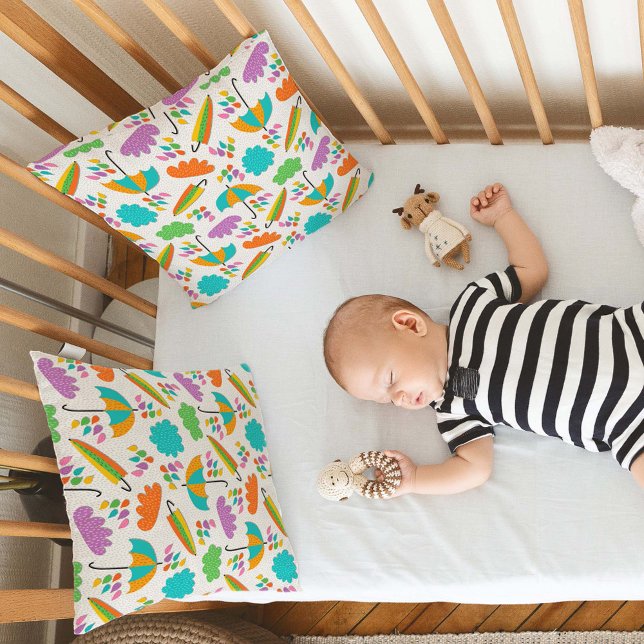 Colourful Umbrellas with Clouds and Raindrops Throw Pillow (Creator Uploaded)