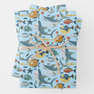Colourful Under The Sea Shark Ocean Blue Pattern Wrapping Paper Sheet