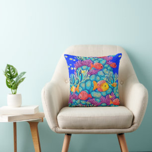 Colourful Underwater Coral Reef Seamless Pattern Throw Pillow