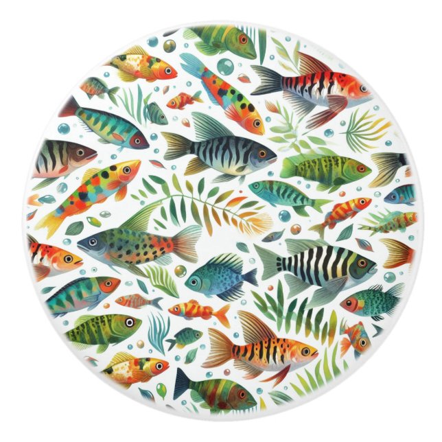 Colourful underwater fish art ceramic knob (Front)