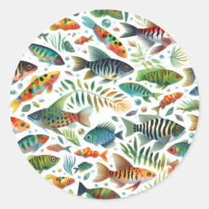 Colourful underwater fish art classic round sticker
