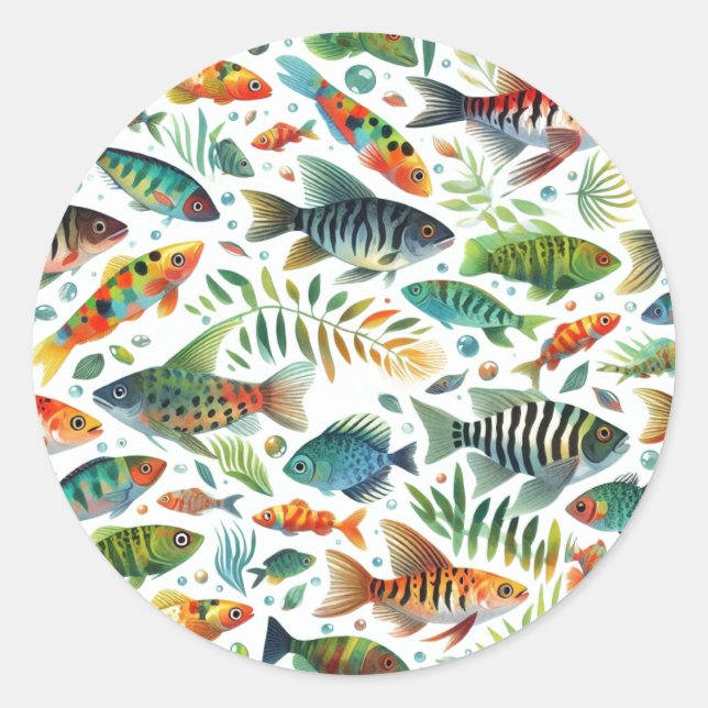 Colourful underwater fish art classic round sticker (Front)