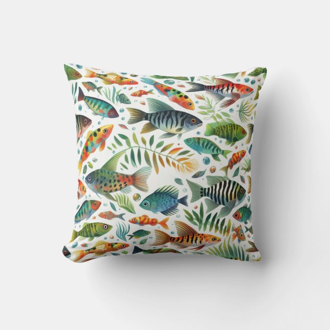 Colourful underwater fish art throw pillow (Front)