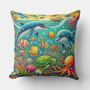 🌊🐠 Colourful Underwater Marine Life Cozy Decor Throw Pillow